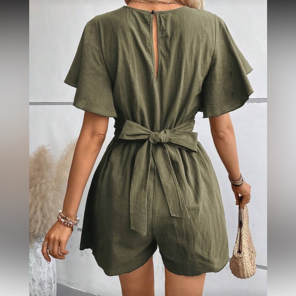 Olive Green Twist Front Romper | Flowy Boho | Size M - Picture 2 of 6